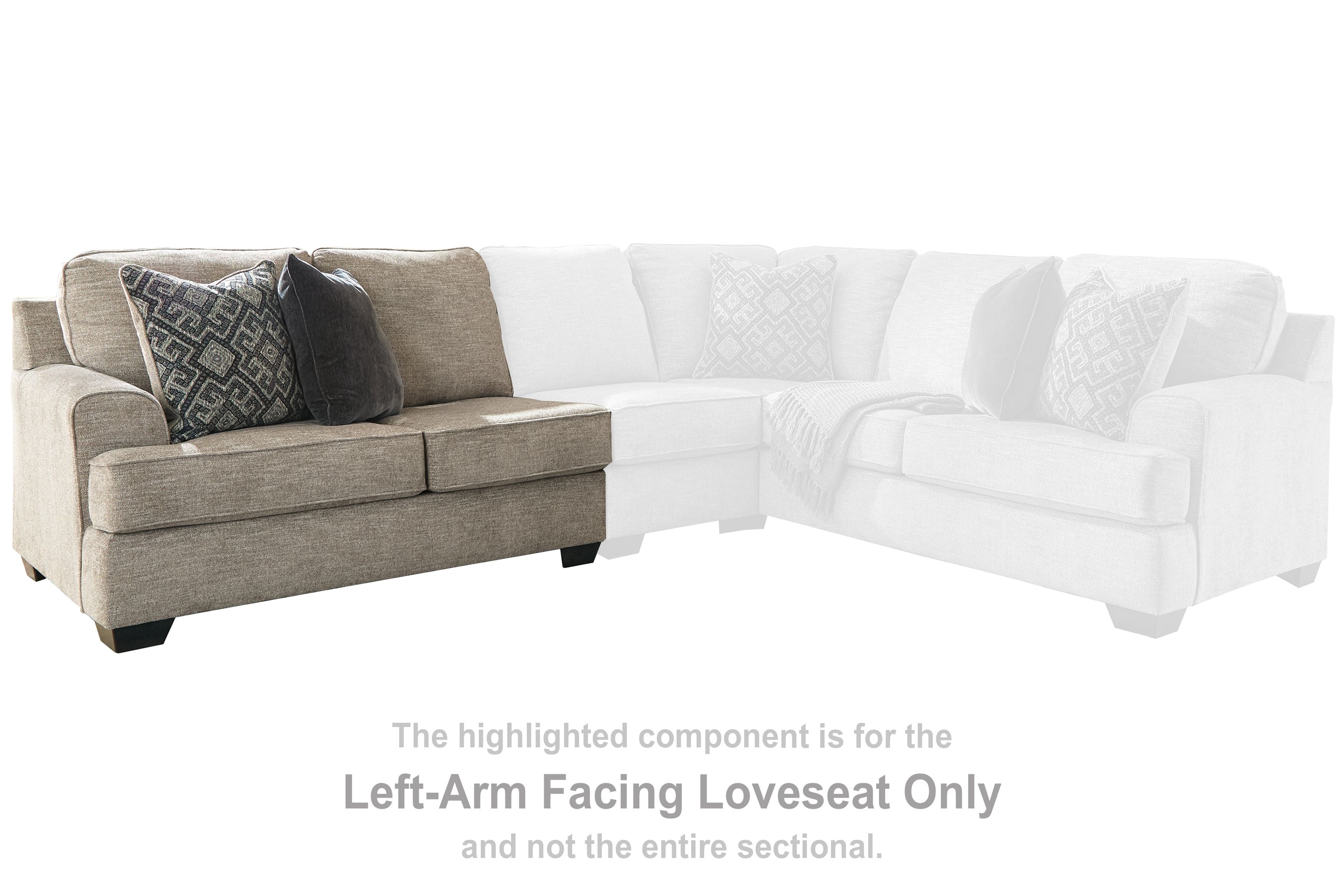 Stone gray left-arm facing loveseat with two back pillows and patterned accent cushion