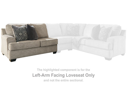 Stone gray left-arm facing loveseat with two back pillows and patterned accent cushion