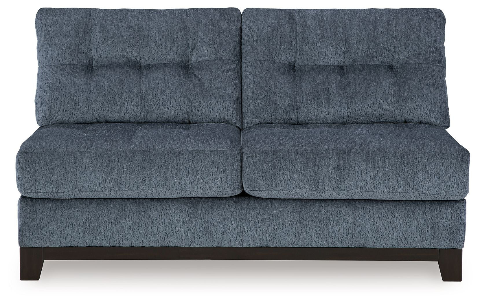 Navy armless loveseat with tufted back, cushioned seat, and dark wooden feet