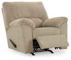 Sand striped rocker recliner chair with extended footrest and pull handle
