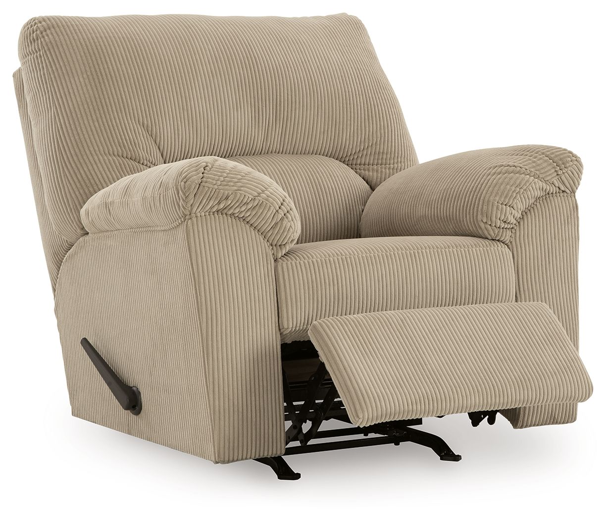 Sand striped rocker recliner chair with extended footrest and pull handle
