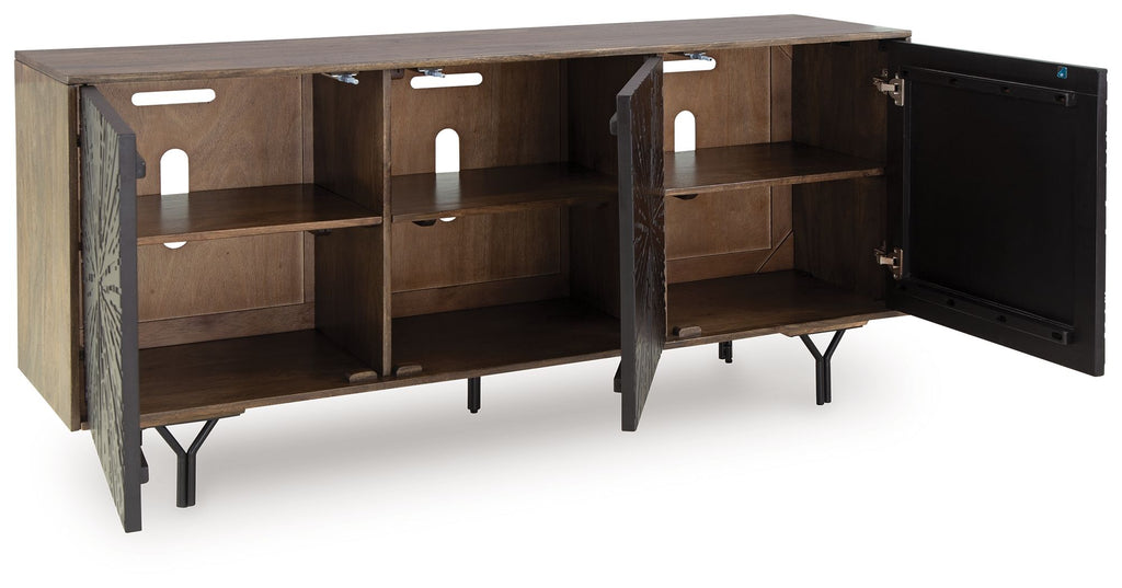 Open accent cabinet showing interior shelves, dark starburst doors, wood frame.