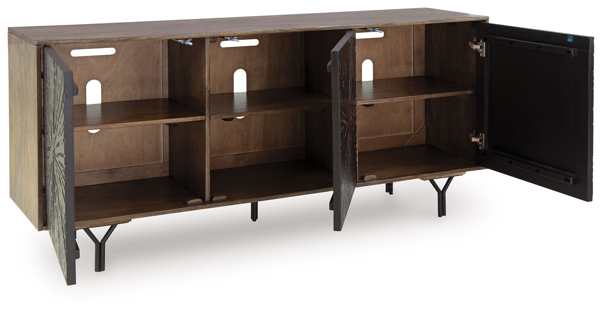 Open accent cabinet showing interior shelves, dark starburst doors, wood frame.