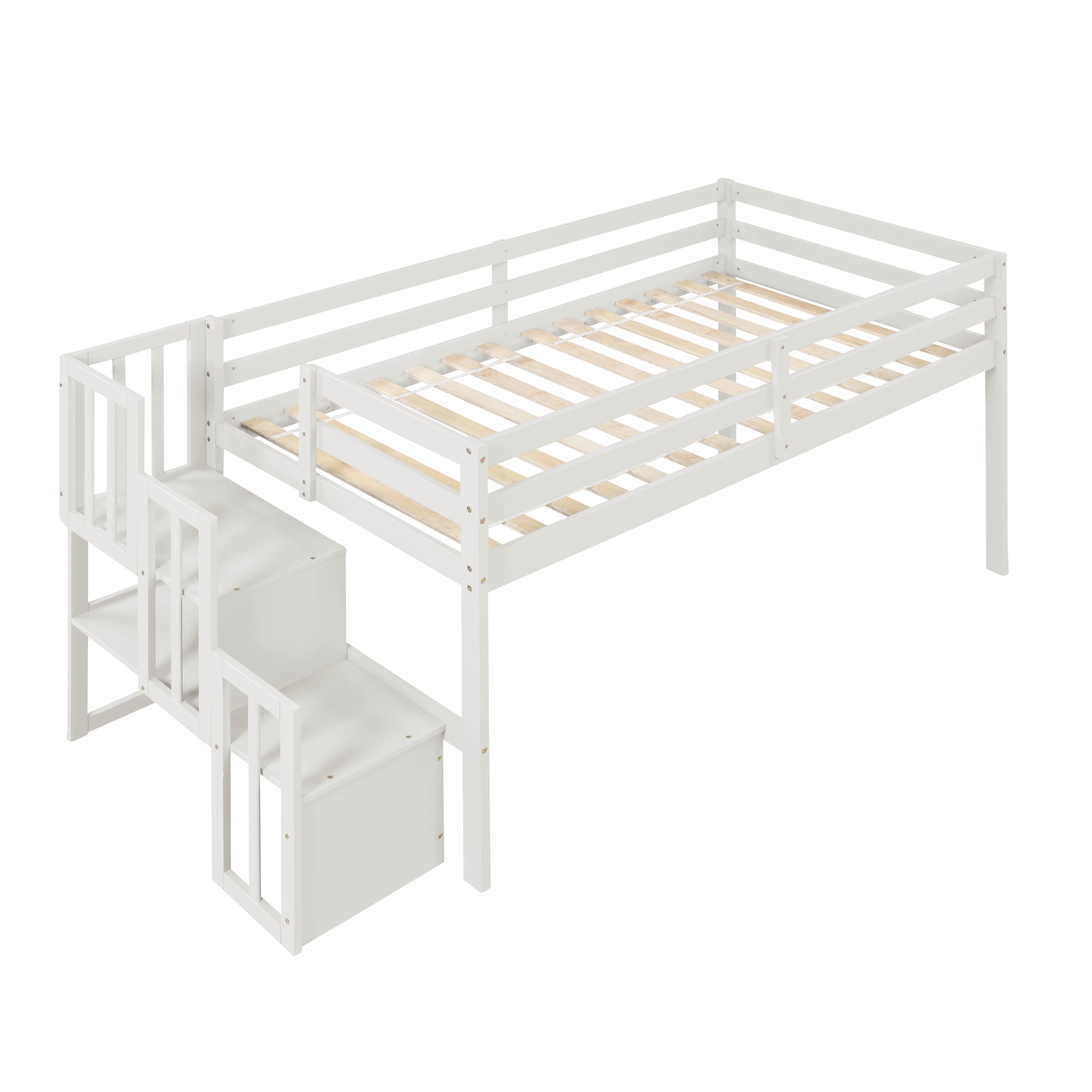 White Twin Loft Bed with Staircase | Wood Frame
