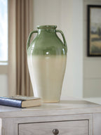 Green and beige glazed vase with two side handles and narrow neck