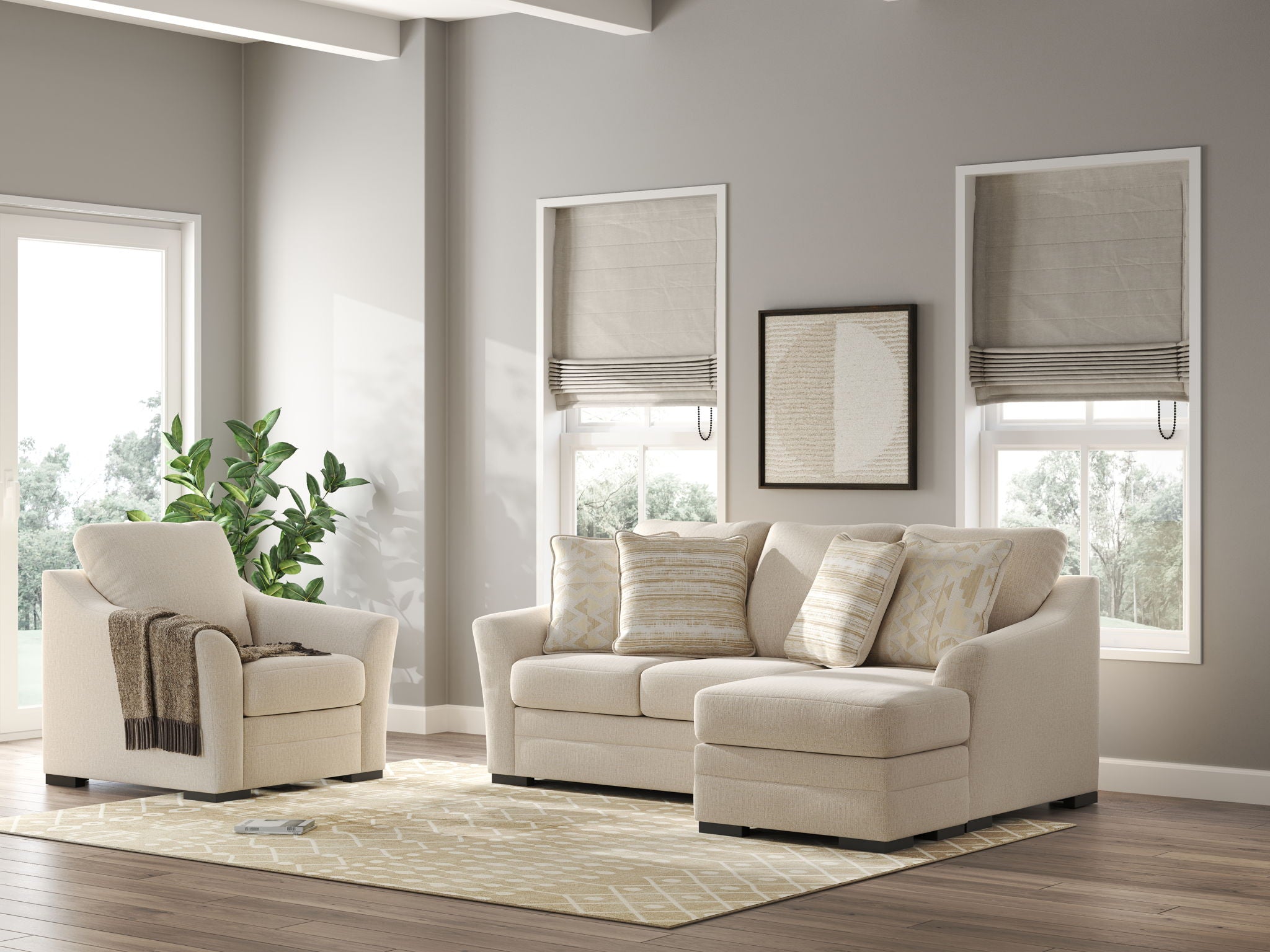 Beige fabric living room set with sofa chaise and accent chair