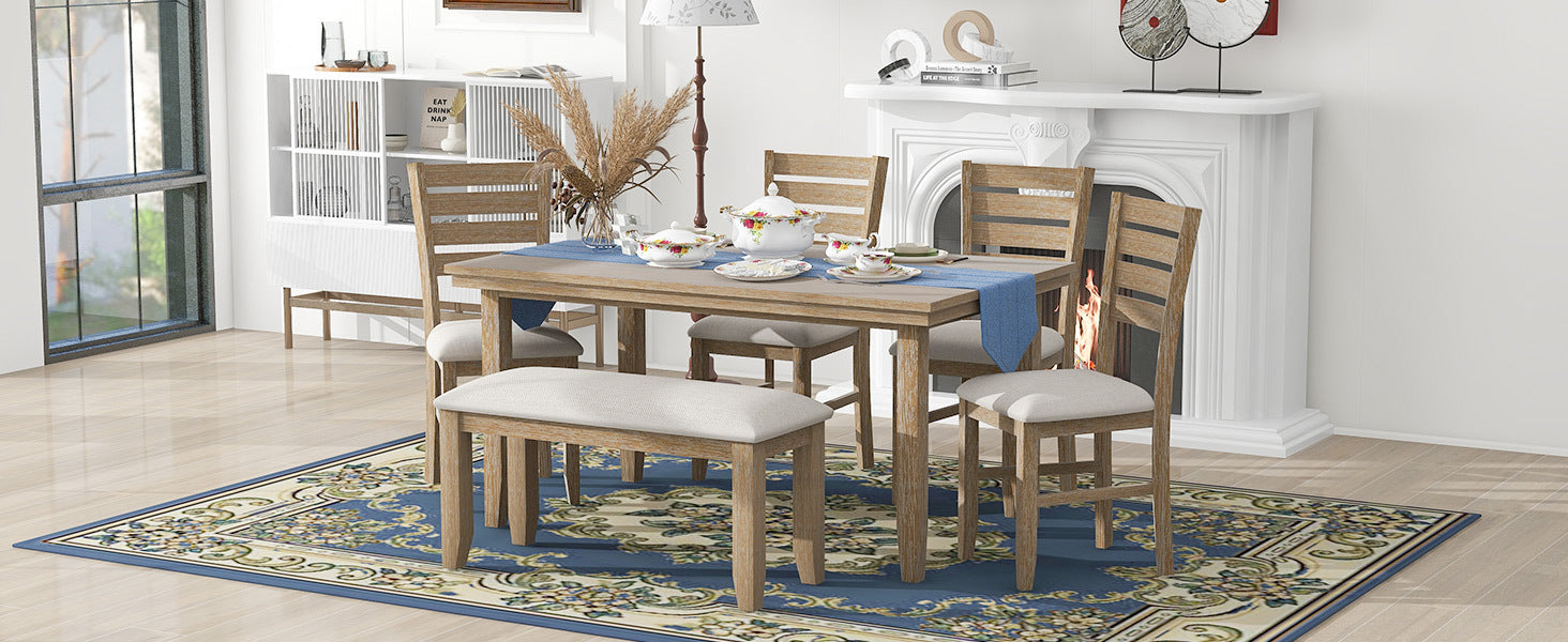 6-Piece Rustic Dining Set w/ Bench - Natural Wood