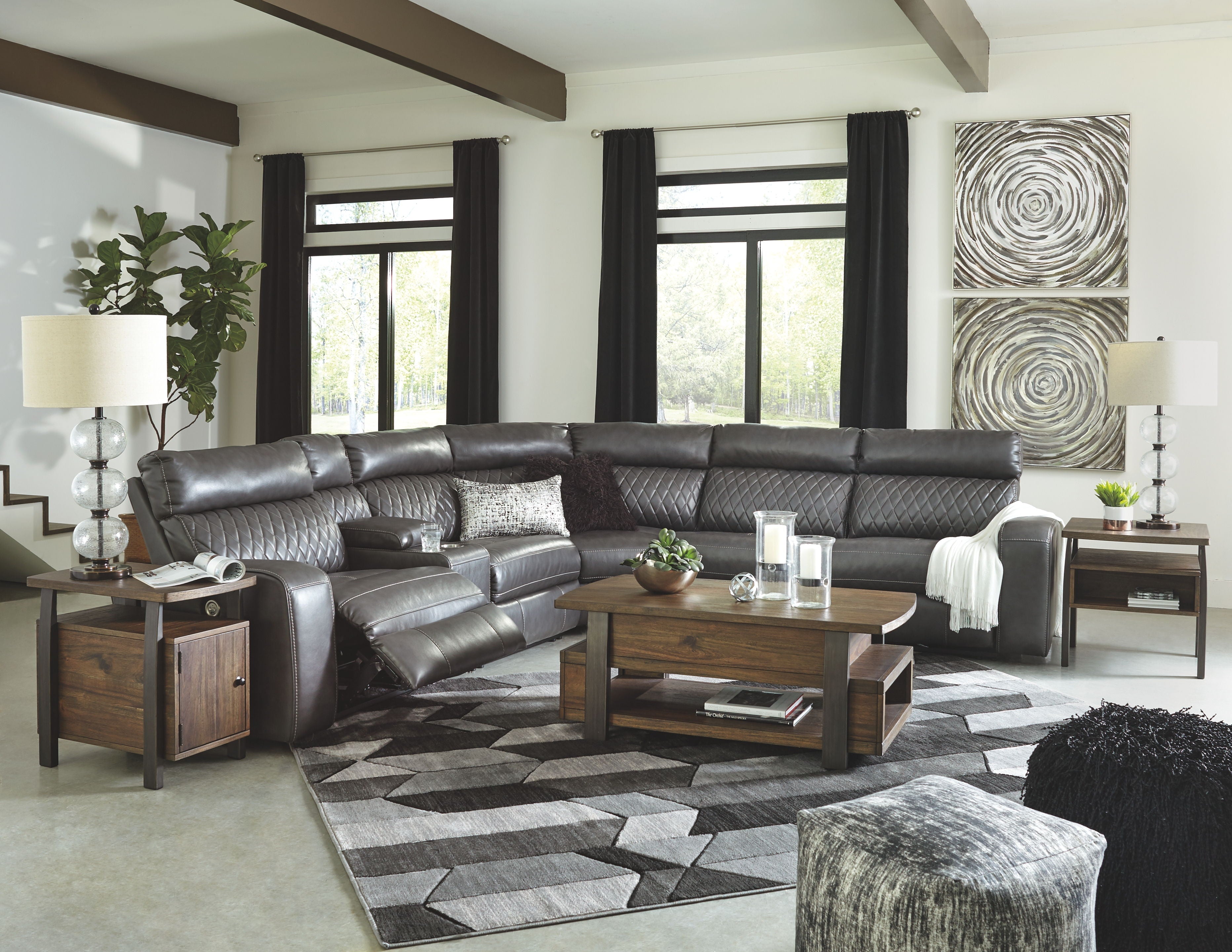 Samperstone Graphite Gray Power Reclining Sectional -  Plush Cushions, Modern