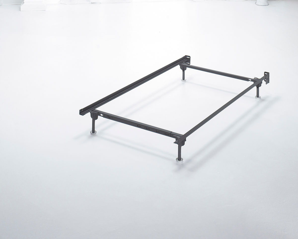 Dark bed frame with metal legs and corner supports, no headboard
