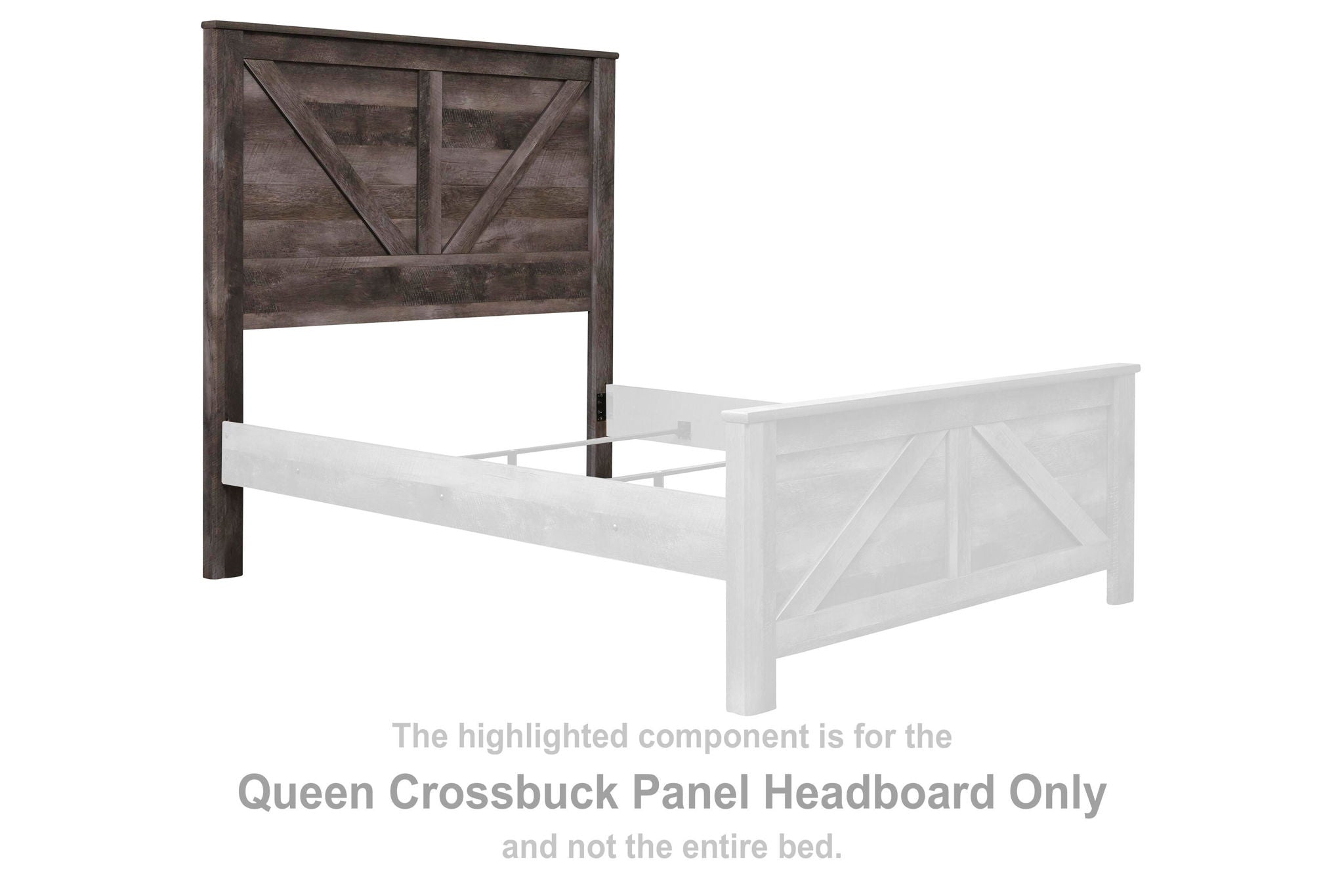 Gray queen crossbuck panel headboard, wooden frame with lattice center