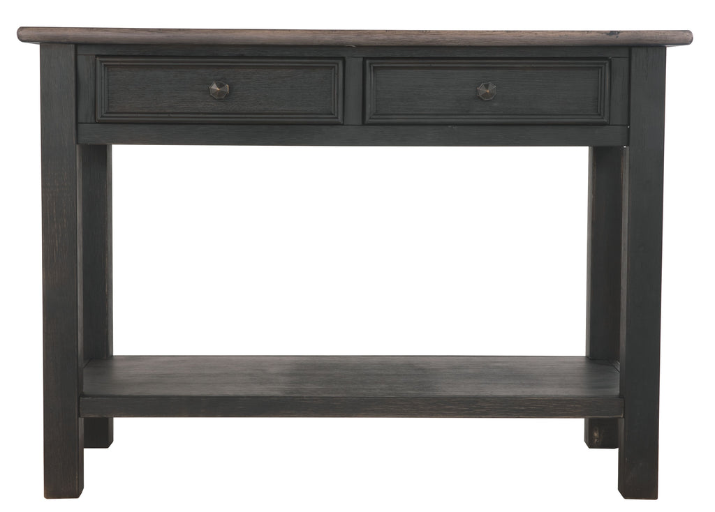 Dark gray sofa table front with two drawers and open lower shelf