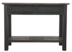 Dark gray sofa table front with two drawers and open lower shelf
