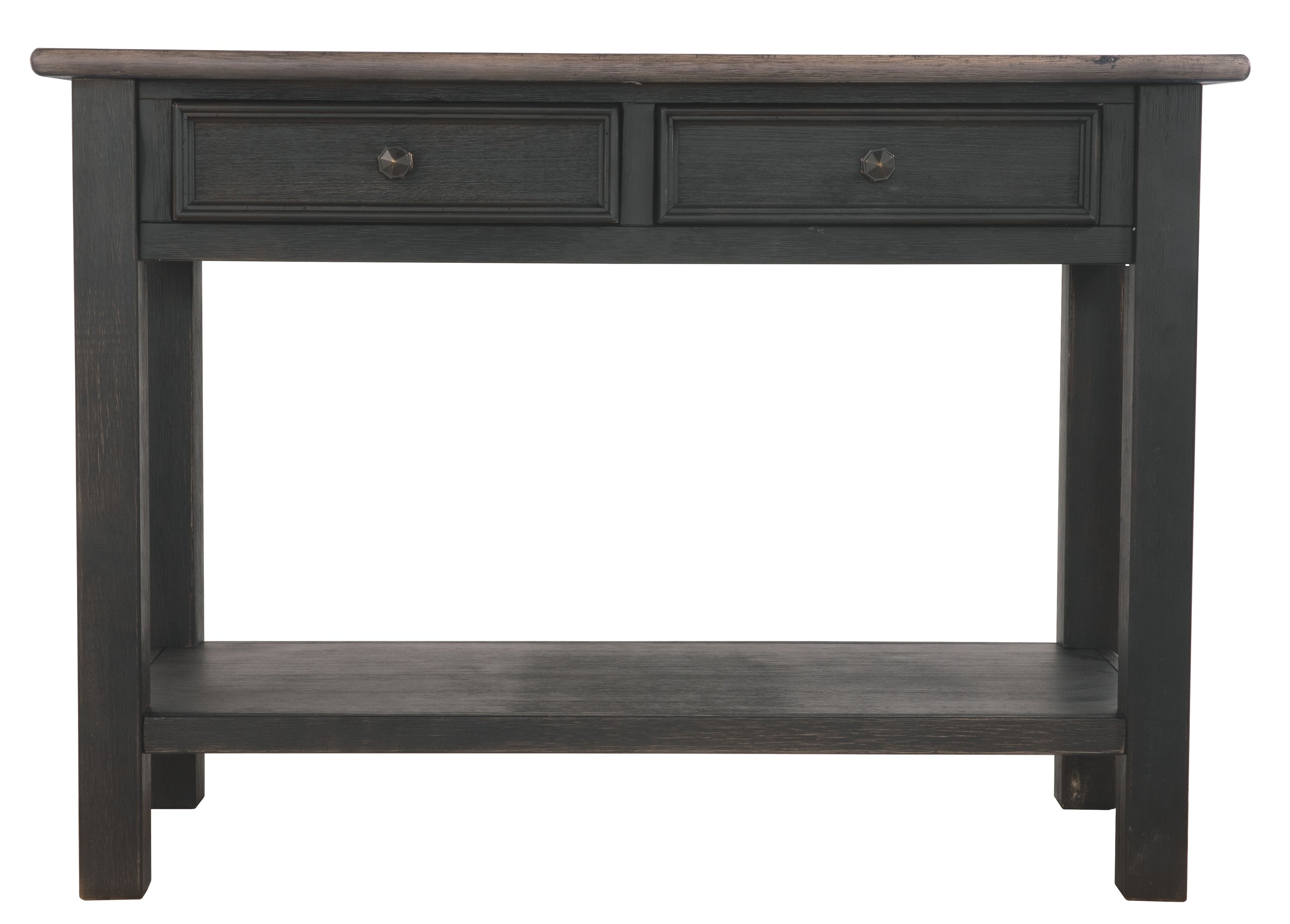 Dark gray sofa table front with two drawers and open lower shelf