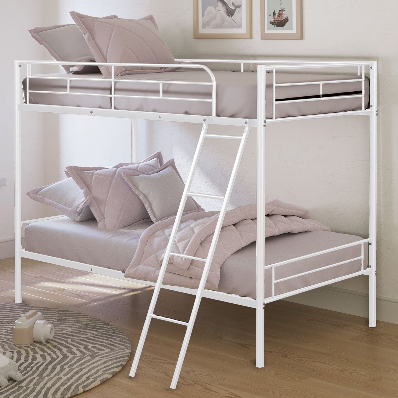 White Contemporary Twin Over Twin Metal Bunk Bed Footboard Ladder