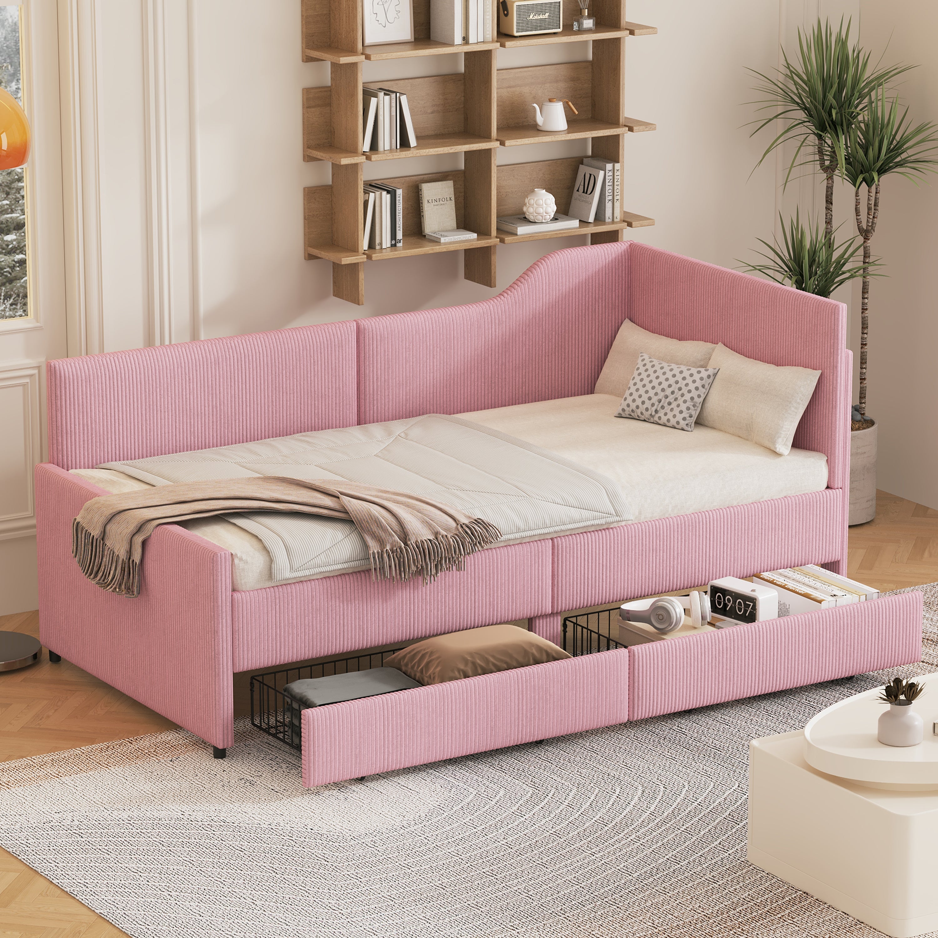 Pink Twin L-Shaped Corduroy Daybed | Upholstered Storage Drawers