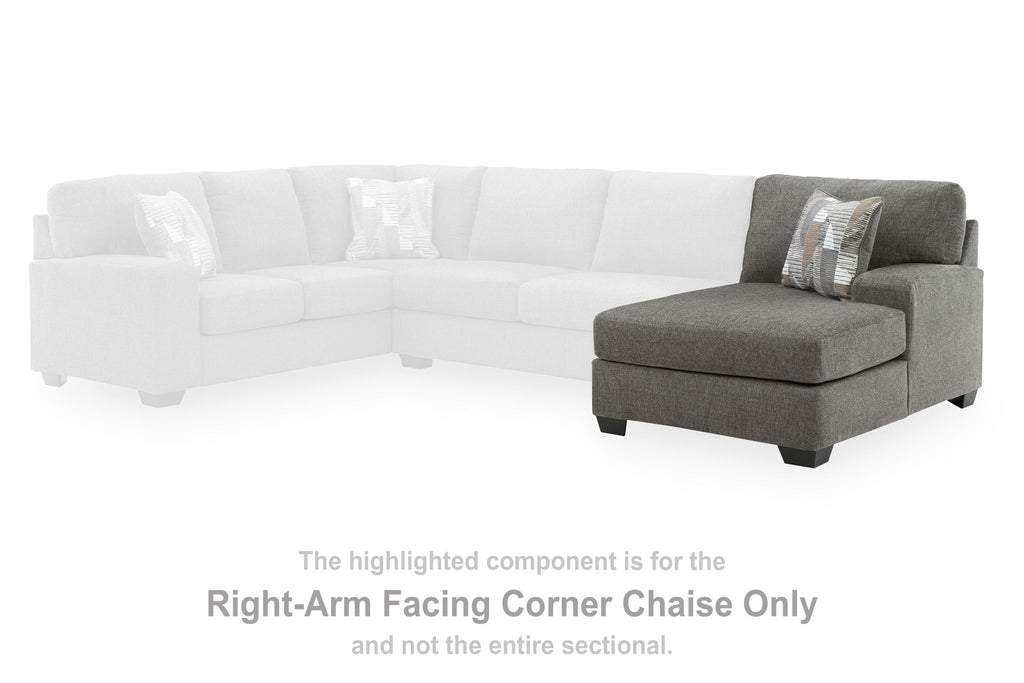 Gray right-arm facing corner chaise section with upholstered arm and seat
