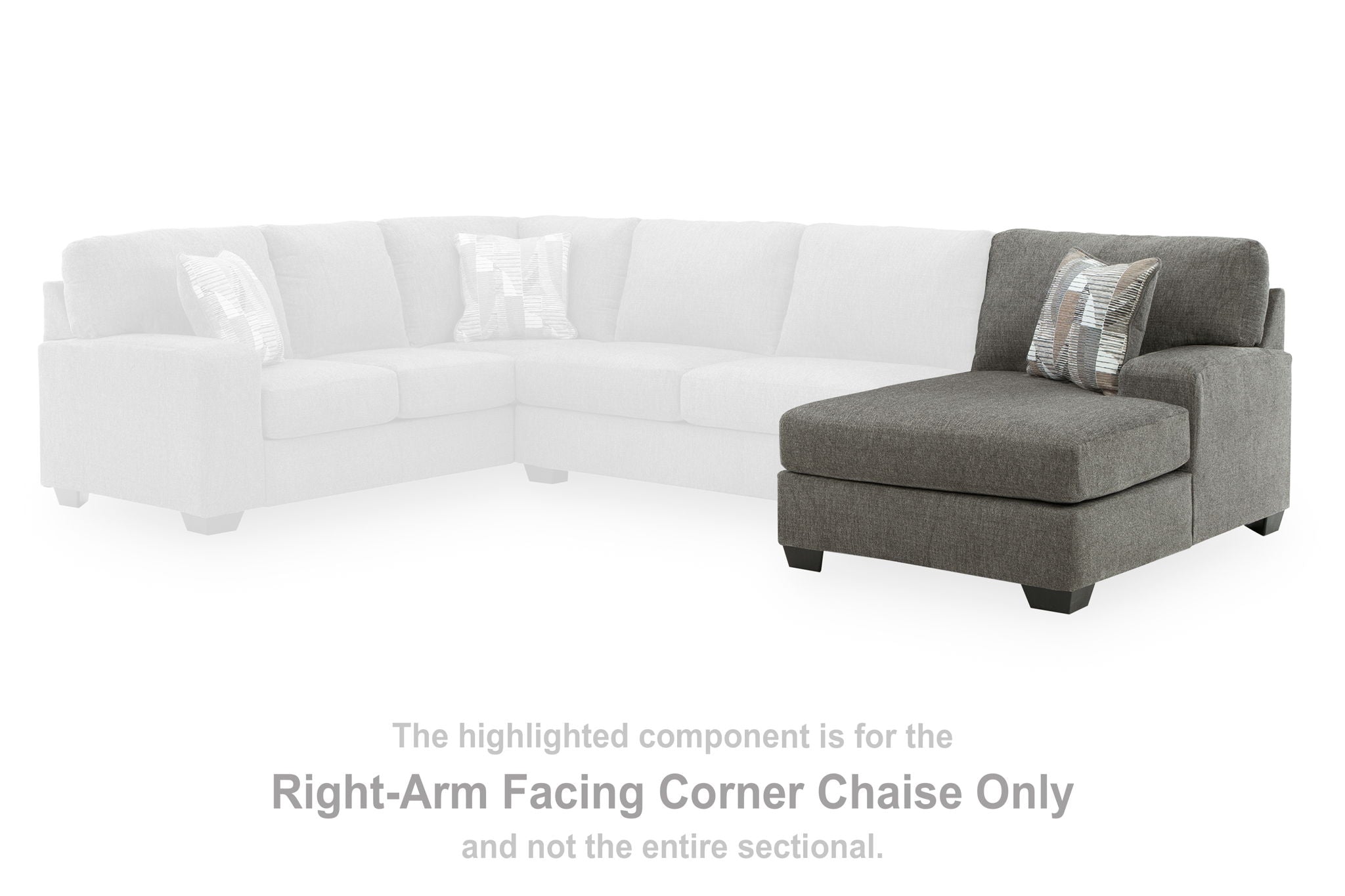 Gray right-arm facing corner chaise section with upholstered arm and seat