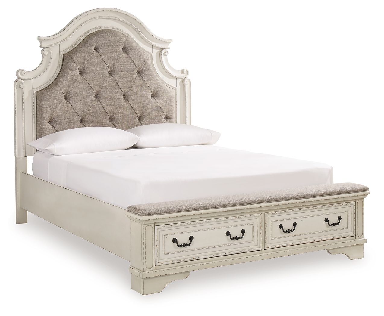 Storage bed with tufted headboard, white base with two pull-out drawers