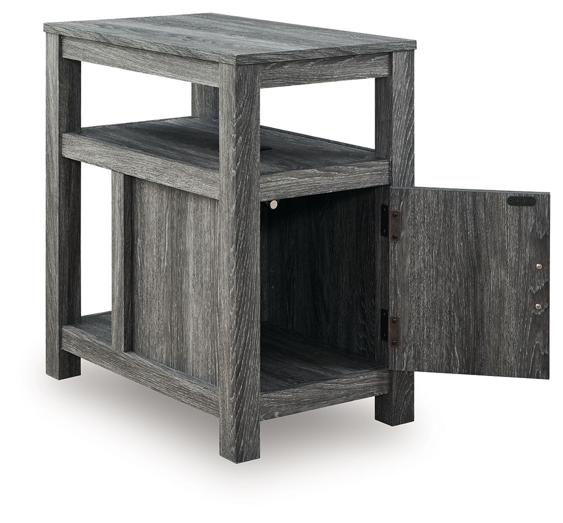 Chair side end table in dark gray wood finish, open shelves and hinged cabinet door.