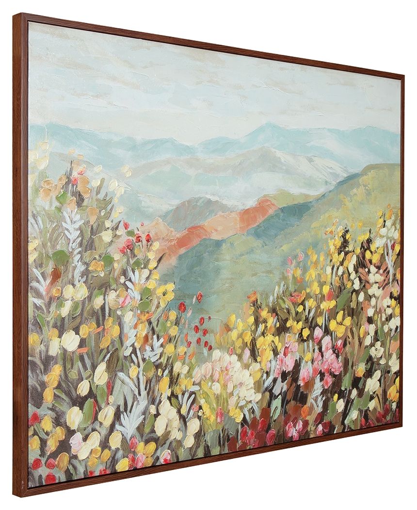 Pryorley framed wall art landscape with pastel mountains and colorful flowers