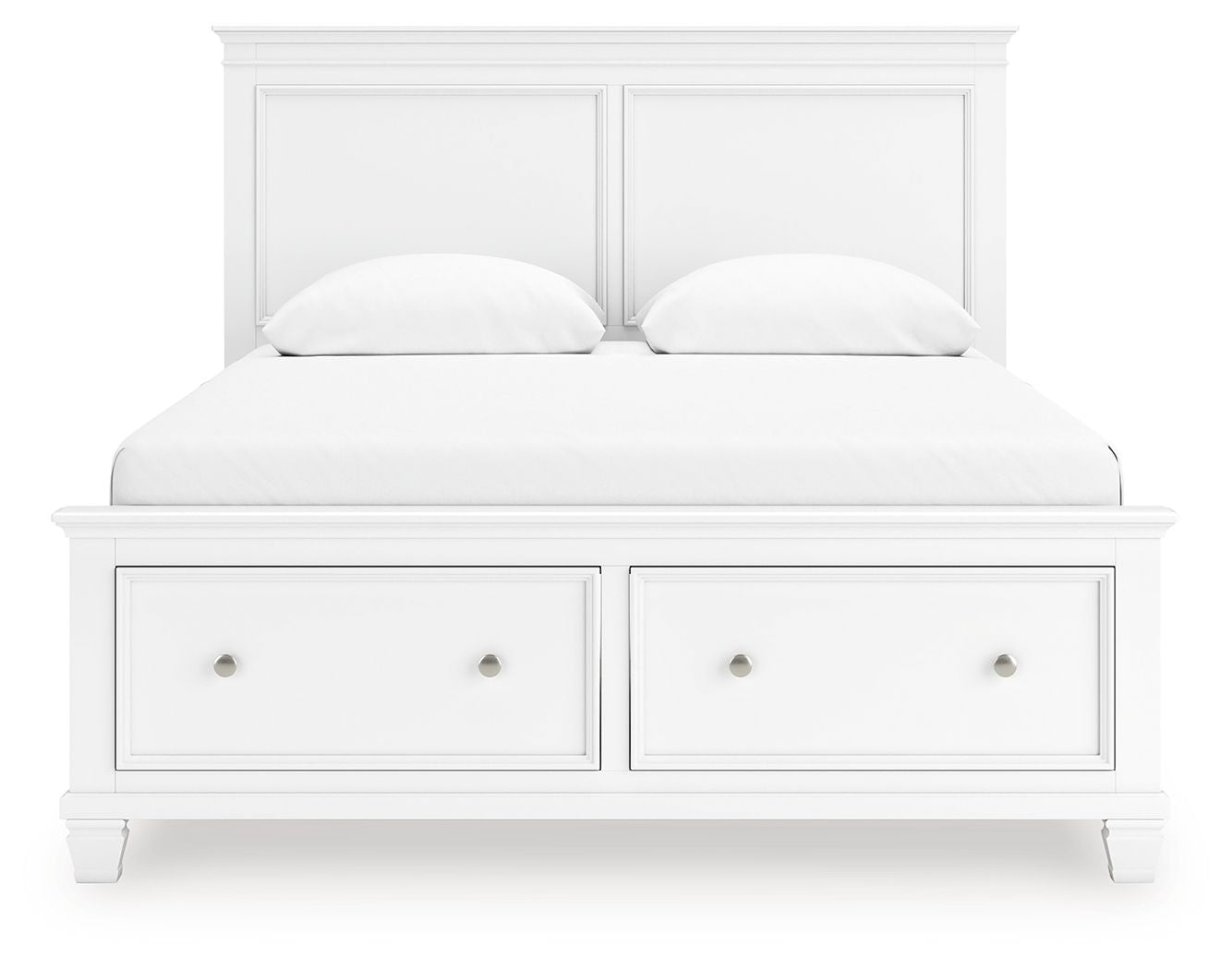 White panel bed with two front drawers and two upholstered pillows against the headboard