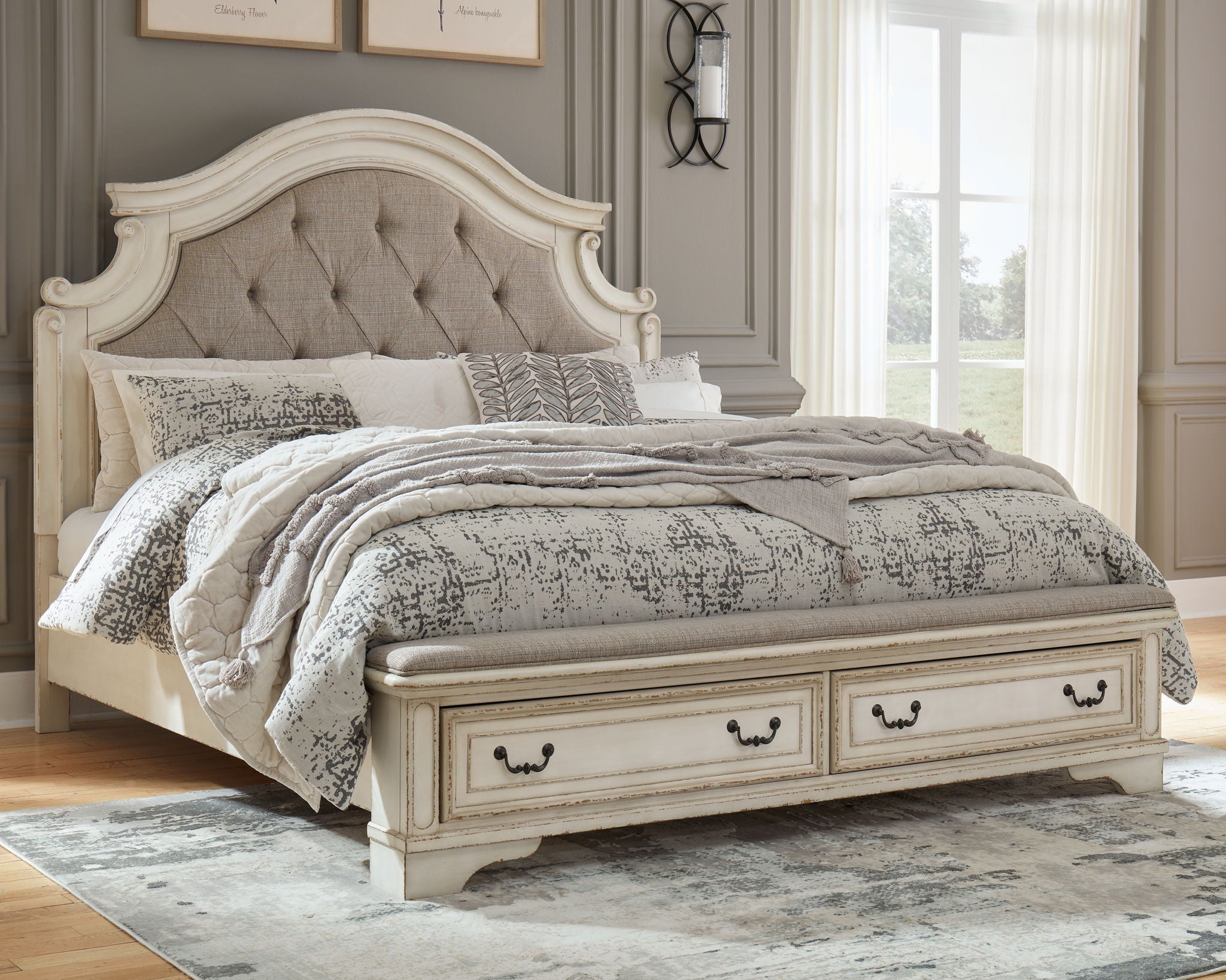 White storage bed with tufted headboard and panel footboard with drawers