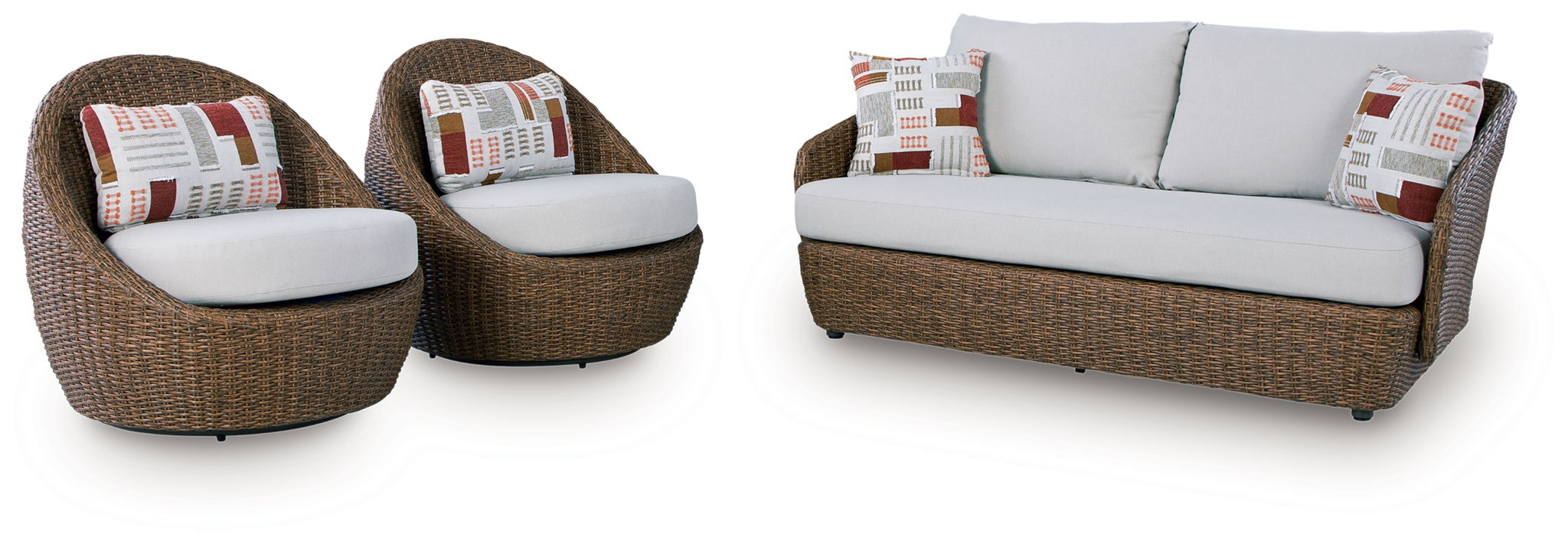 Outdoor set of swivel chairs and loveseat with beige wicker and white seat cushions