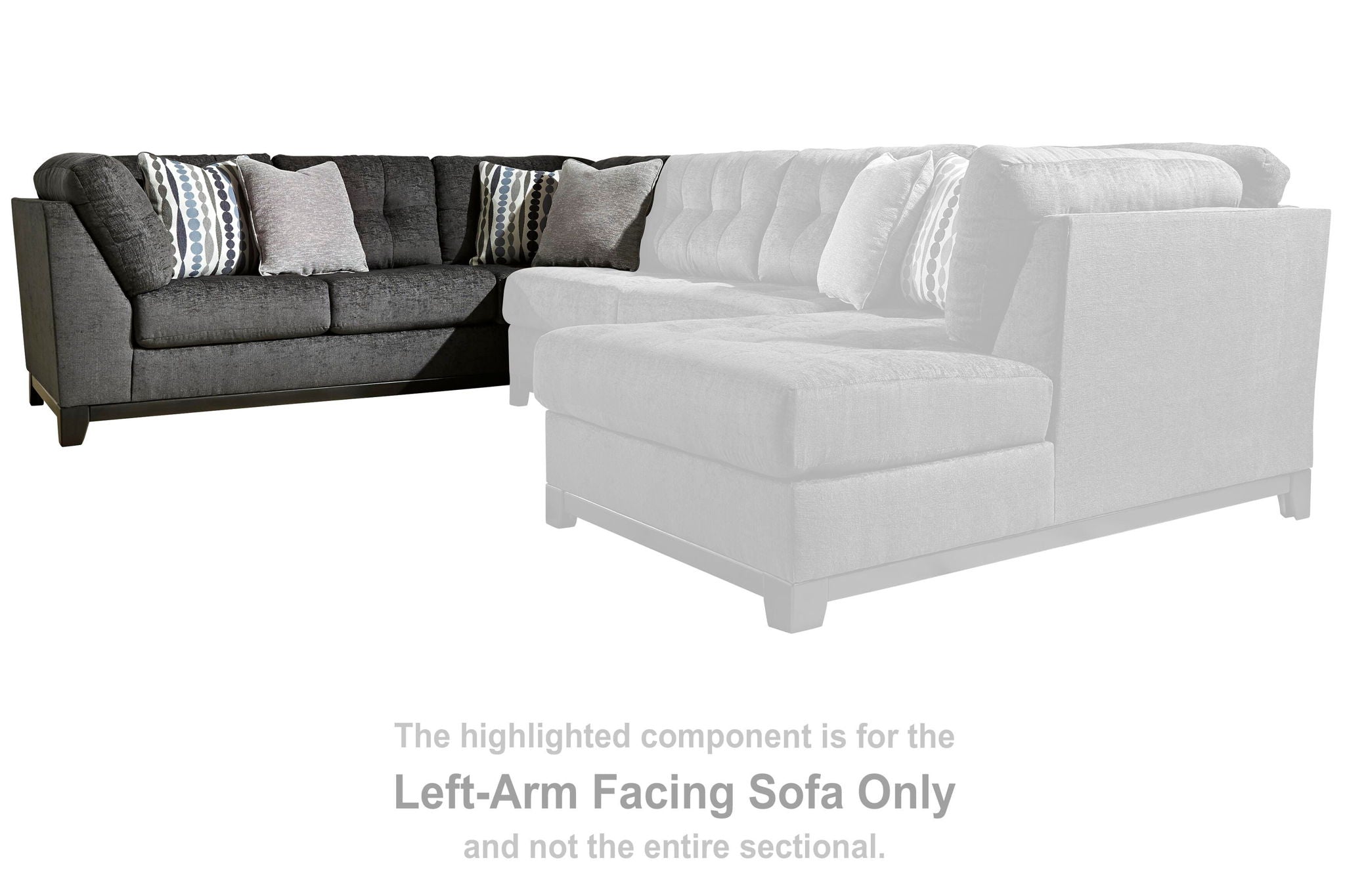 Sectional sofa with chaise, dark gray and white upholstery, corner chaise configuration.