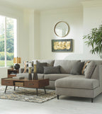 Granite gray fabric sectional sofa with chaise corner, square arms, and stacked back pillows