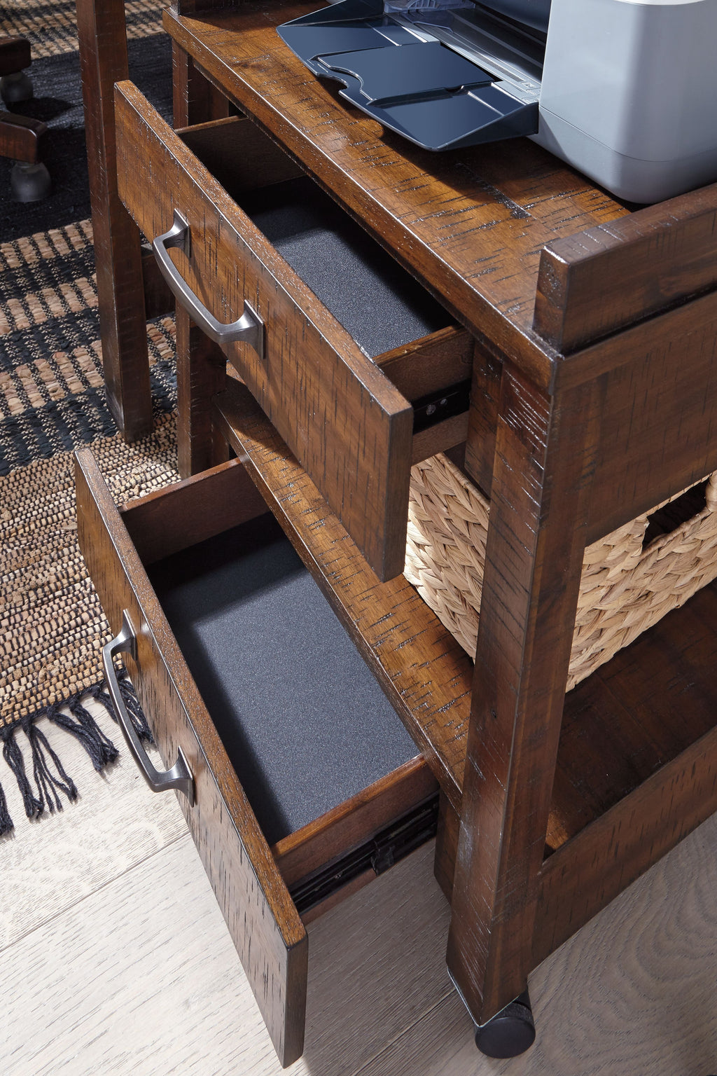 Rustic brown printer stand with pull-out drawer and open lower shelf on casters