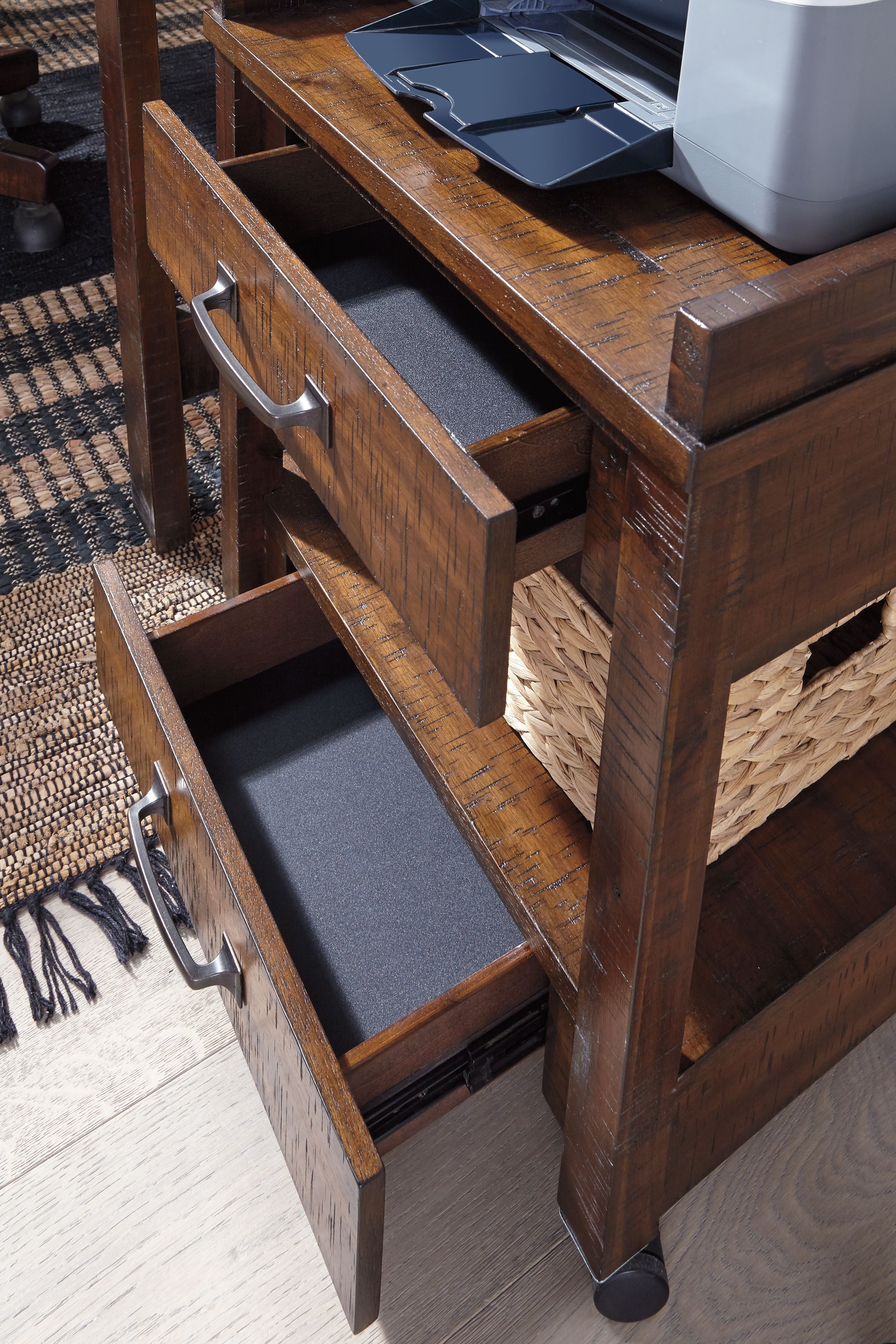 Rustic brown printer stand with pull-out drawer and open lower shelf on casters