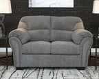 Pewter gray loveseat with nailhead-trimmed arms and two-seat back cushions