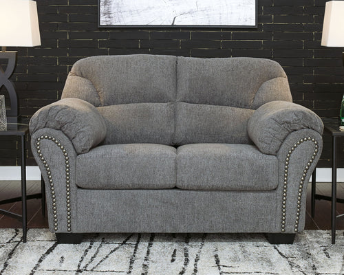 Pewter gray loveseat with nailhead-trimmed arms and two-seat back cushions