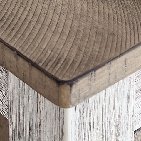 Corner joint detail of a white dining table leg, wood-look grain and dark trim