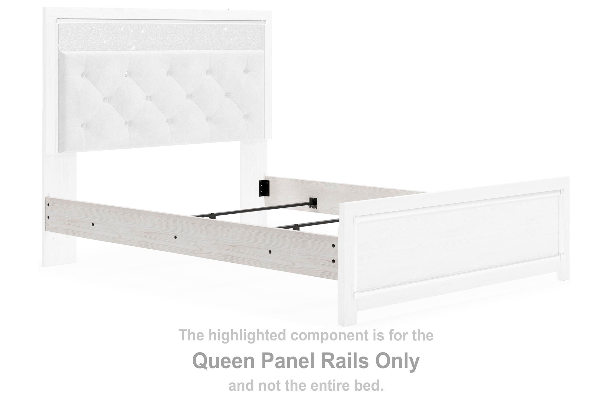 Altyra queen panel rails in white, side rail with mounting hardware