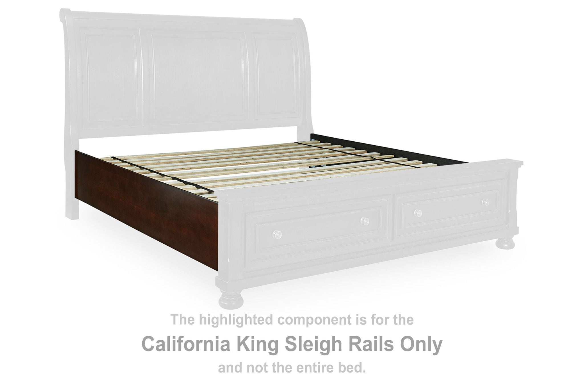 Rustic brown Cal King sleigh bed rails with slat support