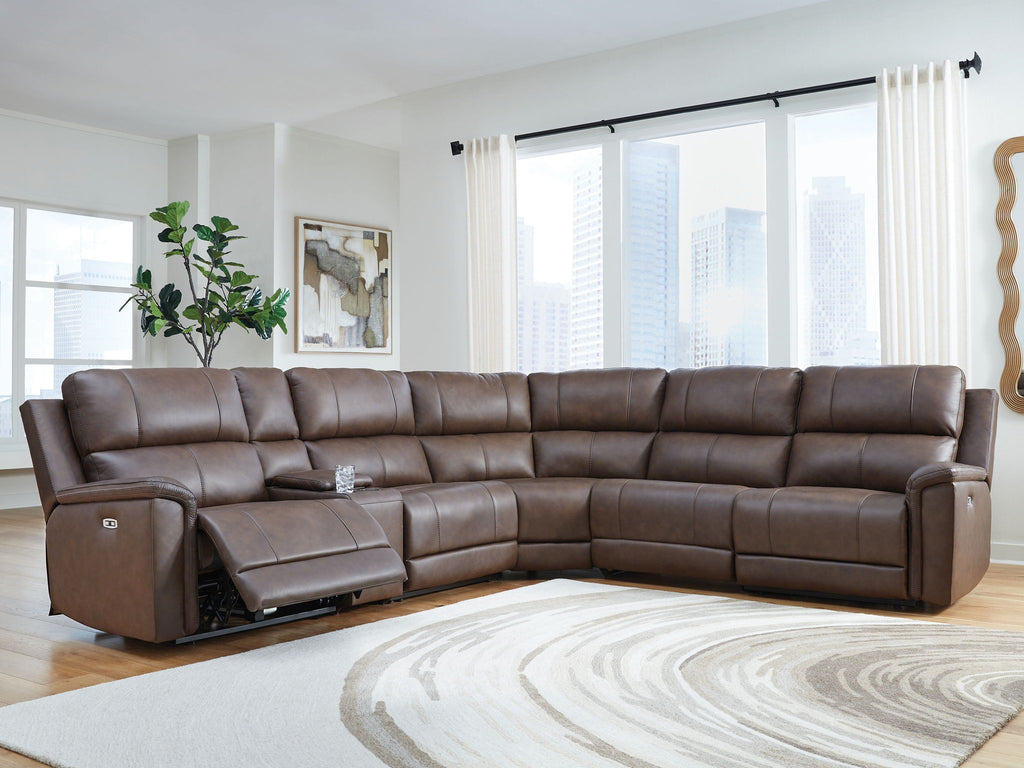 Power reclining sectional sofa, dark espresso brown with power recline chaise and track arms