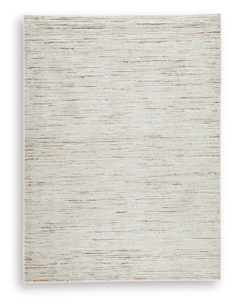 Beige area rug with minimalist distressed speckle texture and thin border