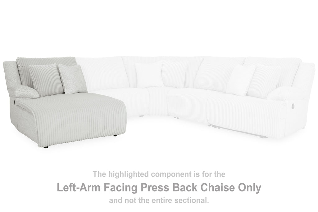 Left-arm press-back chaise with light-gray ribbed cushions and deep backrest