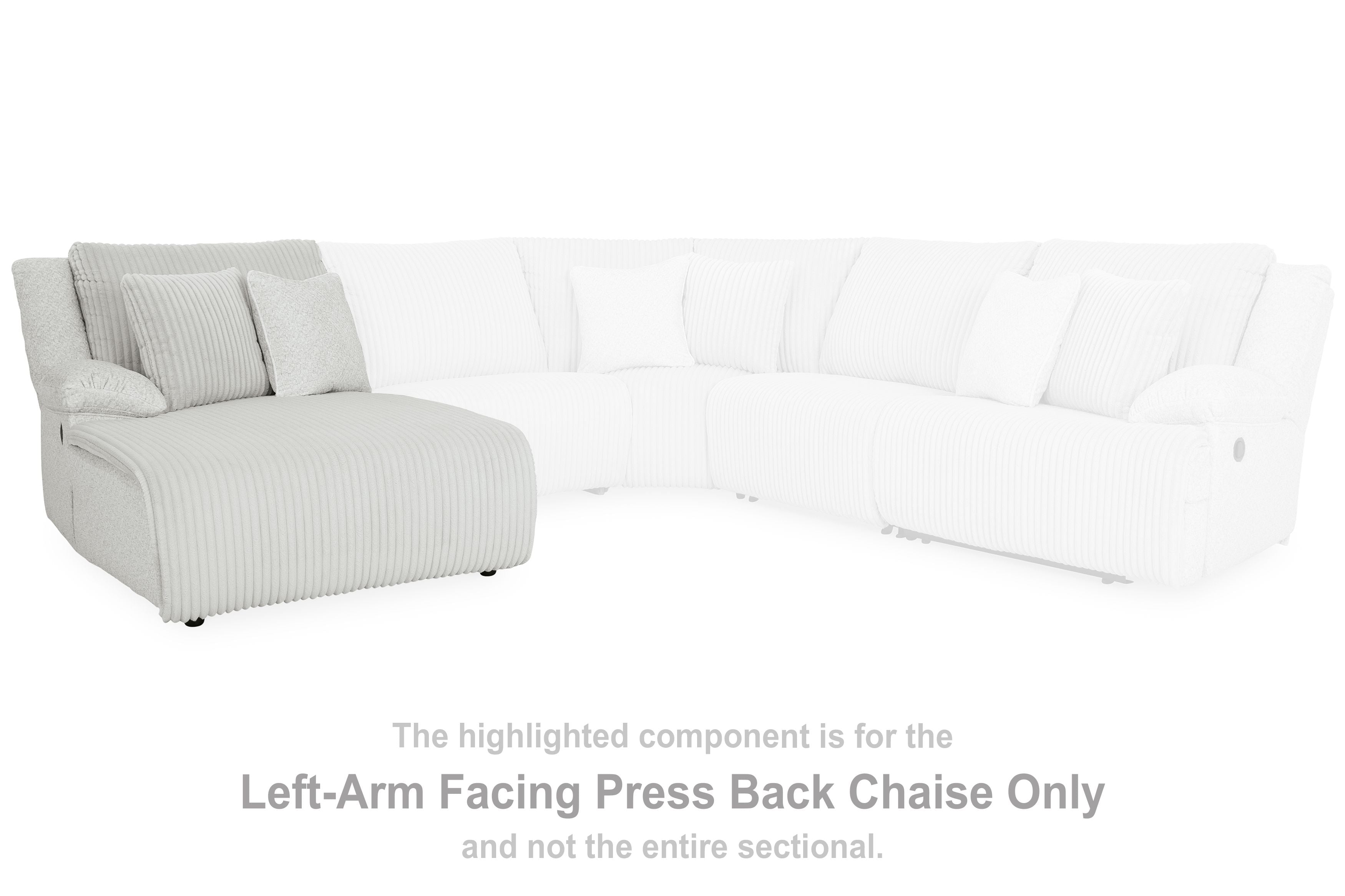 Left-arm press-back chaise with light-gray ribbed cushions and deep backrest