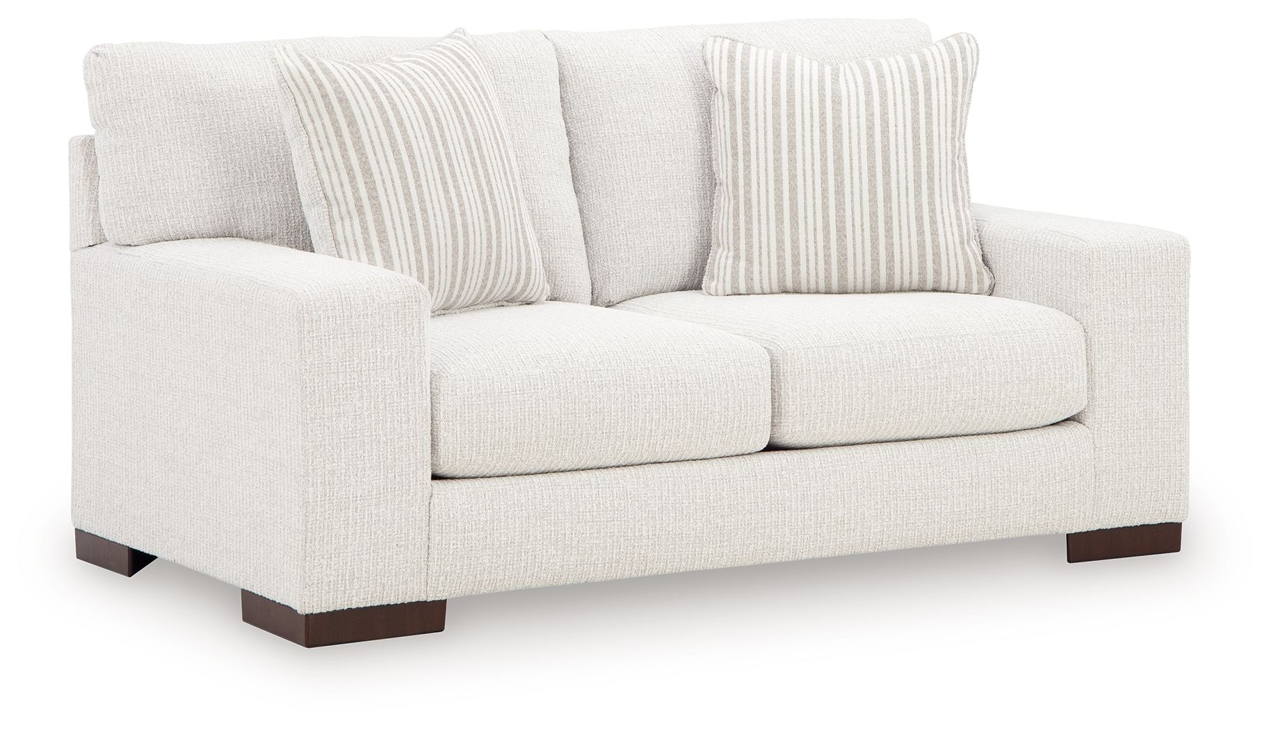 Frosted white loveseat with two front cushions, dark legs, and striped throw pillows