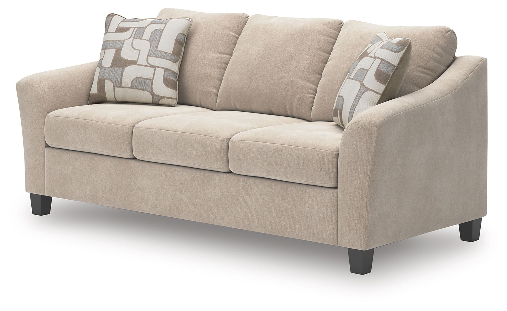 Taupe queen sofa sleeper with tufted back, two accent pillows, and block arms