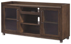 Dark brown wood TV stand with two cabinet doors and central open shelves