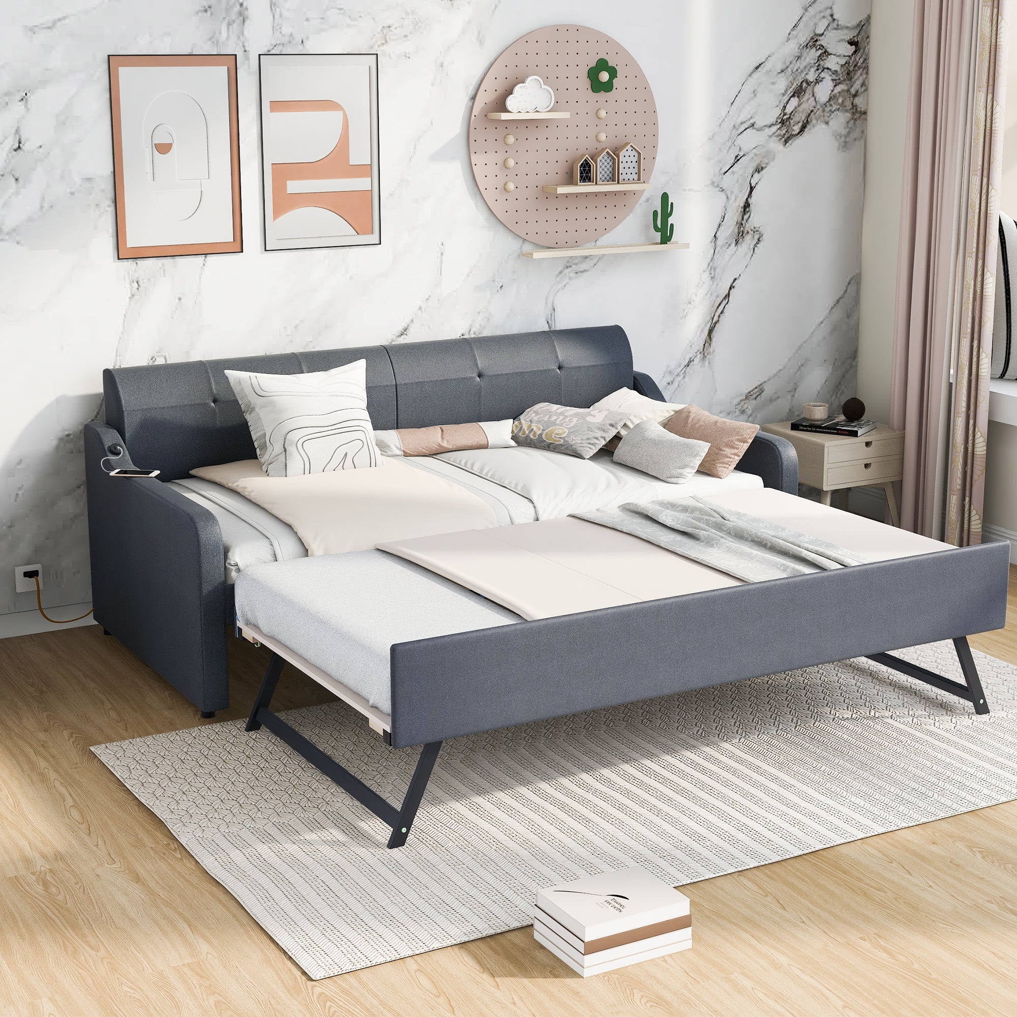 Twin Upholstered Daybed, Convertible Trundle, USB Port, Gray