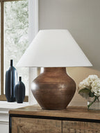 Antique copper table lamp with white fabric shade and bulbous metal base