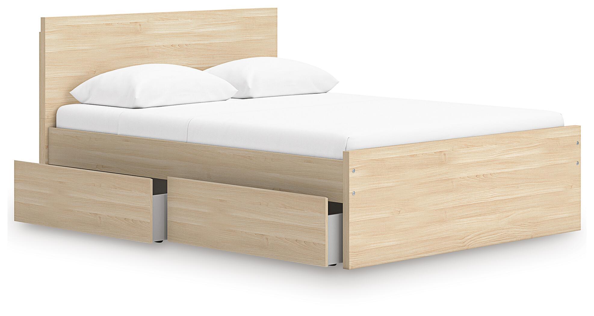 Light brown panel platform bed with underbed drawer panel on the side and tall headboard