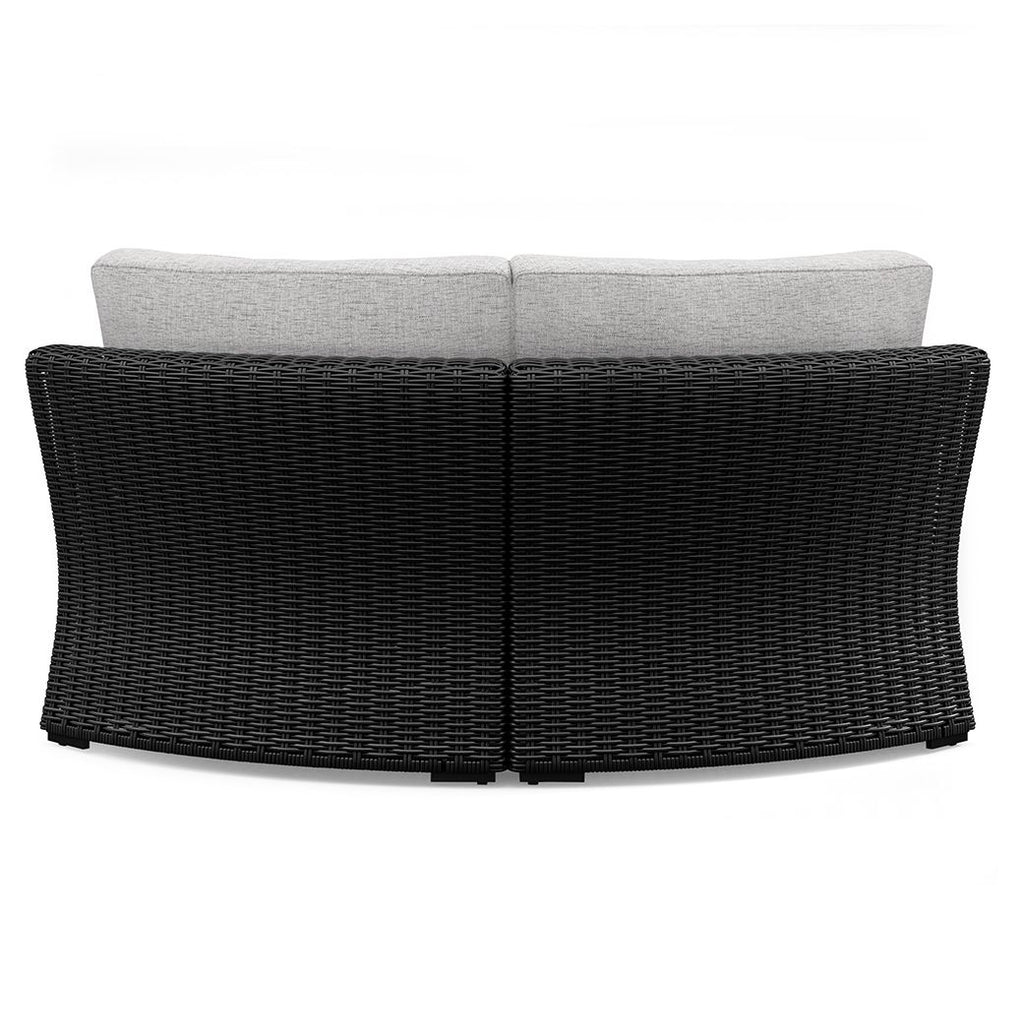 Black woven corner chair with light gray cushions, armless loveseat style
