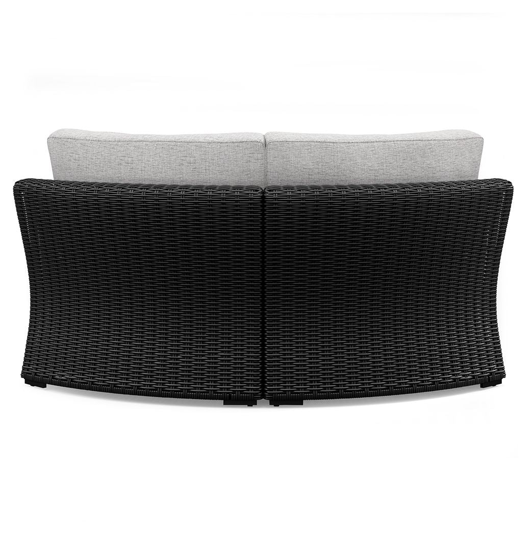 Black woven corner chair with light gray cushions, armless loveseat style