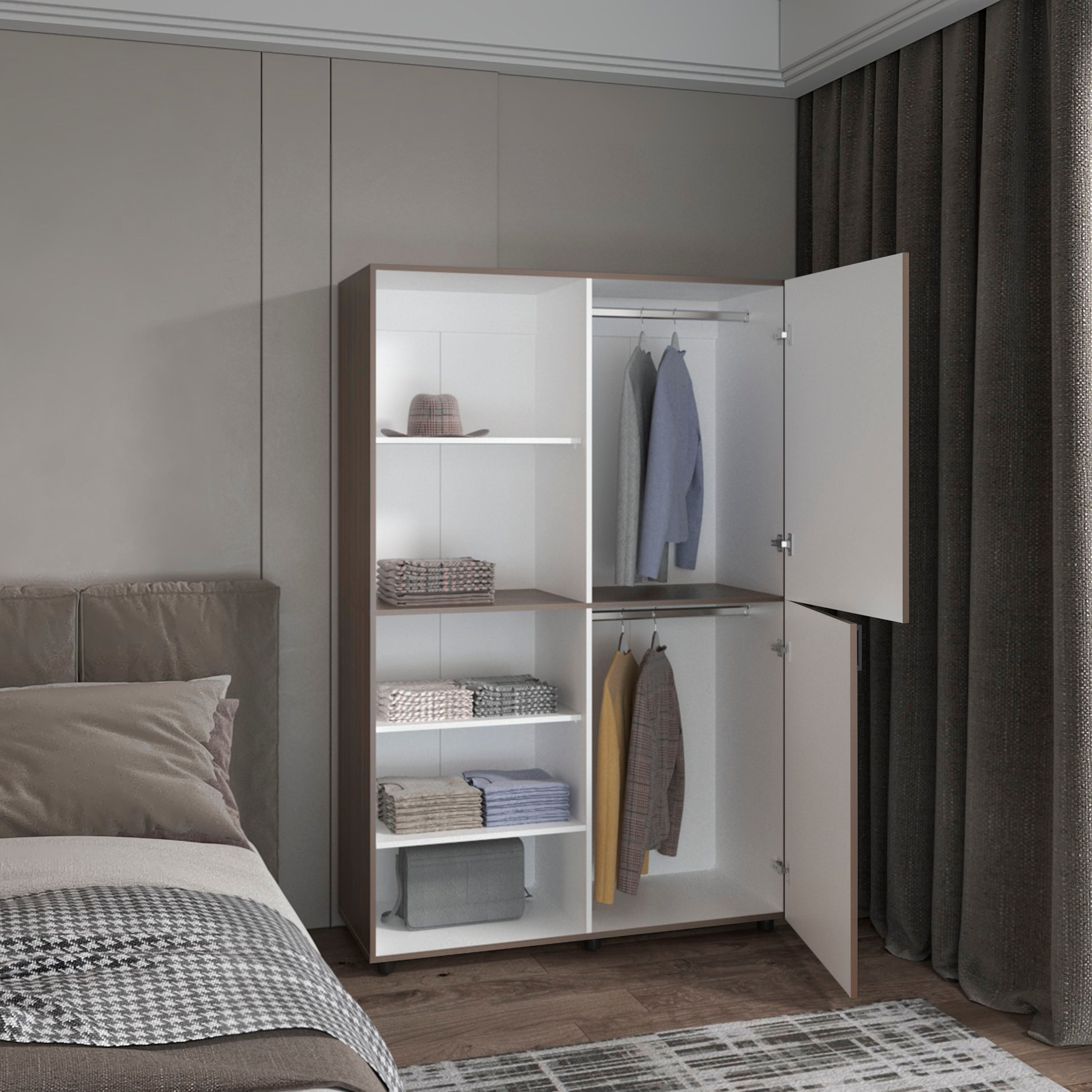 Compact White/Mahogany Eco Armoire: Rod, Shelves, Bedroom Storage