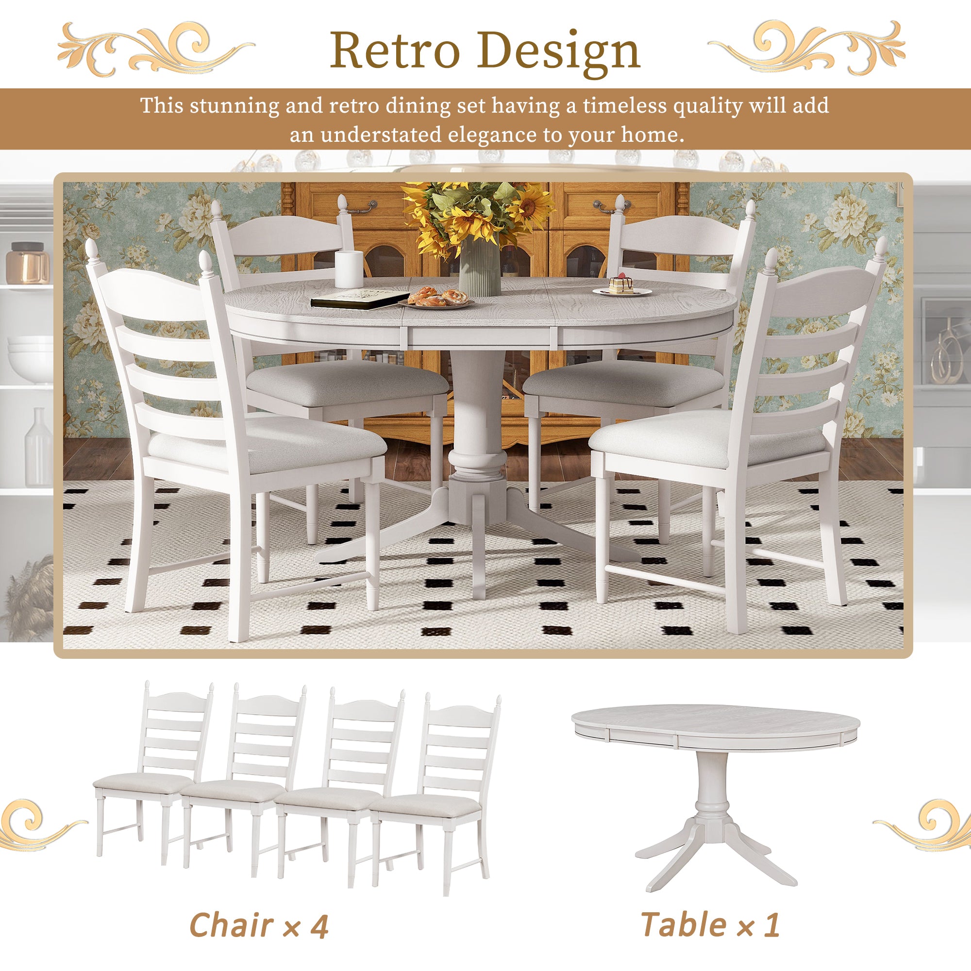 5-Pc Retro Extendable Dining Set, Antique White